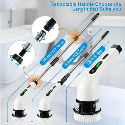 Electric Cleaning Brush, 1 Set USB Rechargeable Electric Rotary Floor Scrubber, Wireless Electric Rotary Scrubber with 9Pcs Brush Heads & Adjustable Extension Handle, Cleaning Tool